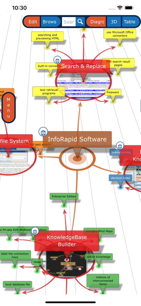 KnowledgeBase Builder - Visual mind map interface of KnowledgeBase Builder app showing interconnected nodes