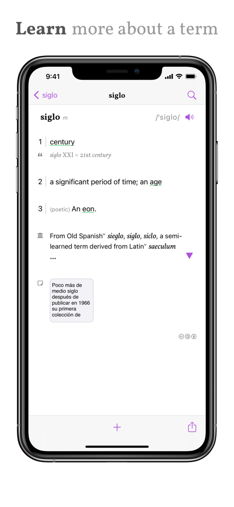 Detailed dictionary entry for the word siglo in the moti language learning app including definitions and etymology