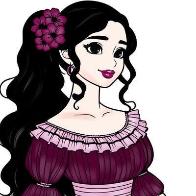 a single latina woman with a side ponytail and a long dress with ruffles. she has a few discreet flowers in her hair. realistic