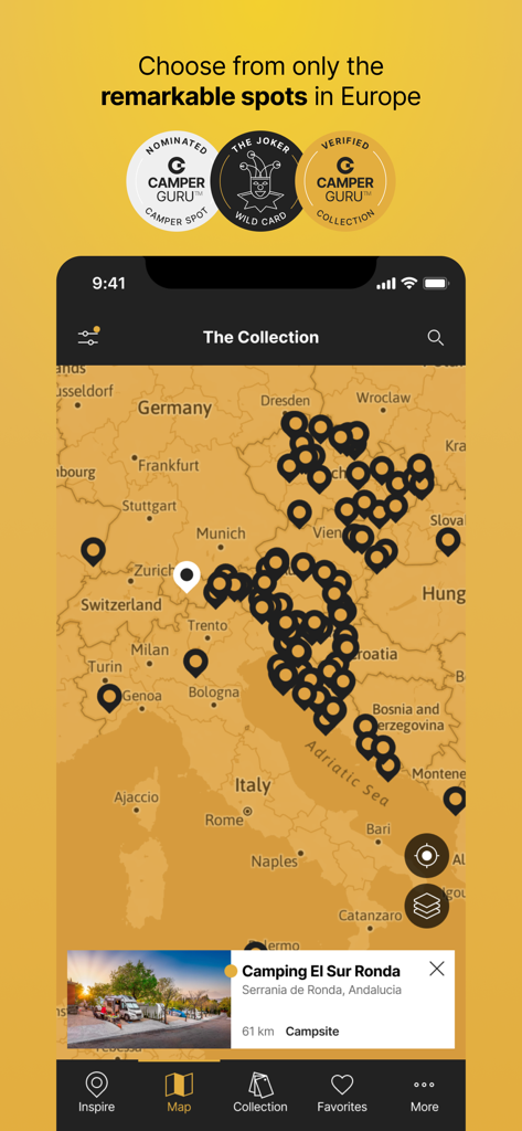 Camperguru — best spots - Mobile interface of Camperguru showing a map of Europe with curated camping locations and premium spot badges