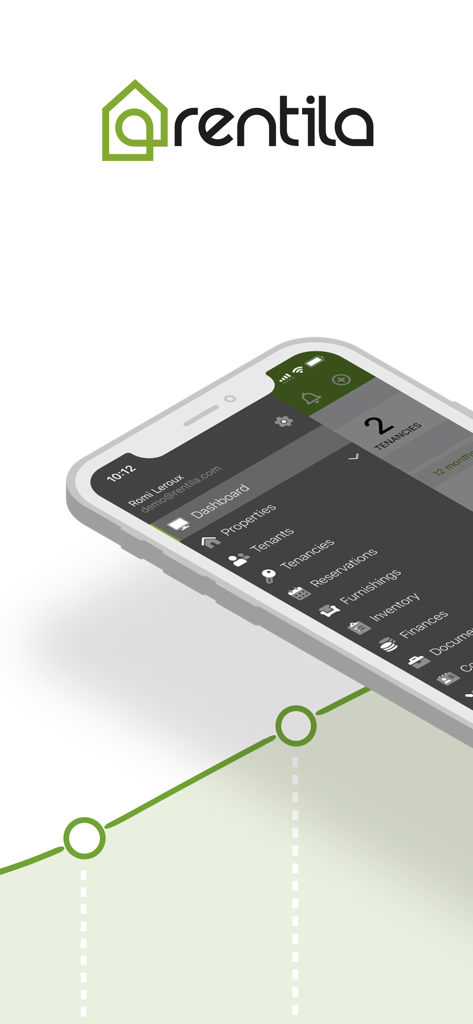 Smartphone displaying the Rentila property management app dashboard and side menu