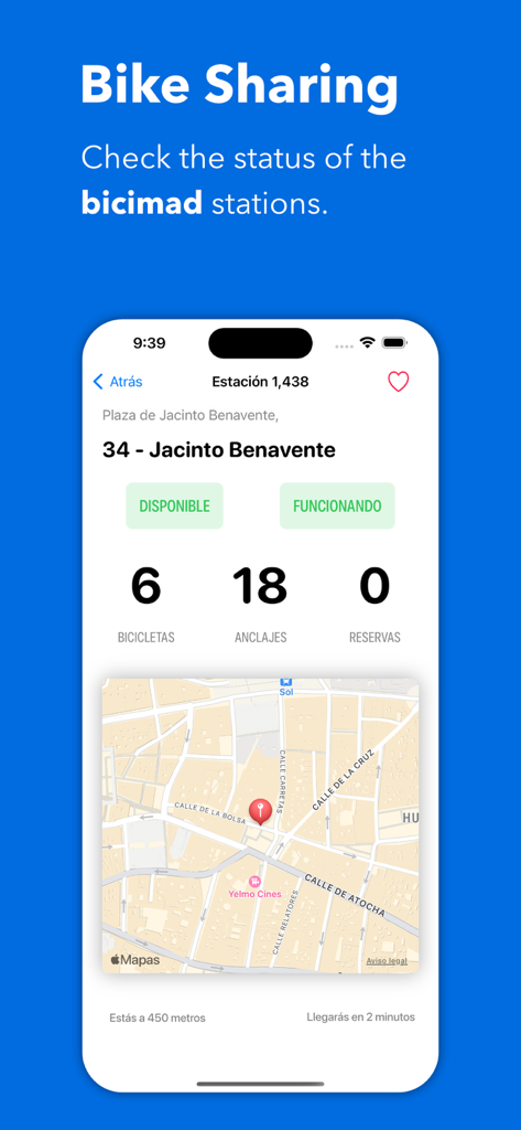 Real-time bicimad bike sharing station availability in Madrid showing available bikes and docks on a map