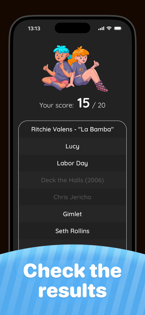 Results screen of the Headbands charades game showing a score of 15 out of 20 and a list of guessed items.