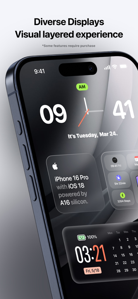 Koco Widgets - Island Custom - A customized iPhone home screen showing minimalist widgets for clock calendar and device information