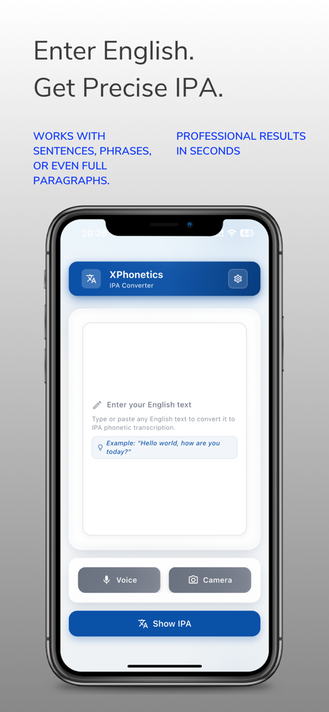 Oberfläche der XPhonetics App, die den Eingabebildschirm für die Umwandlung von englischem Text in IPA-Transkriptionen zeigt