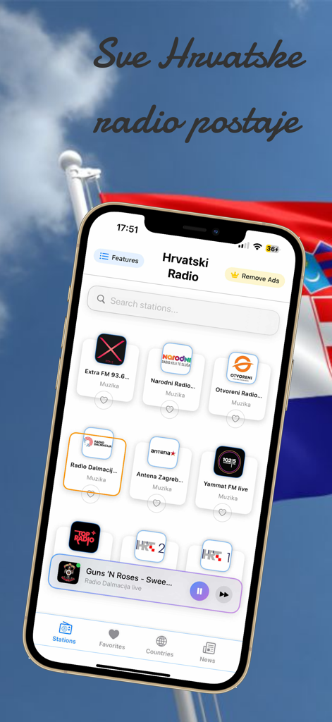 Interfaz de la aplicación Hrvatski Radio Stanice en un iPhone mostrando varias emisoras de radio croatas