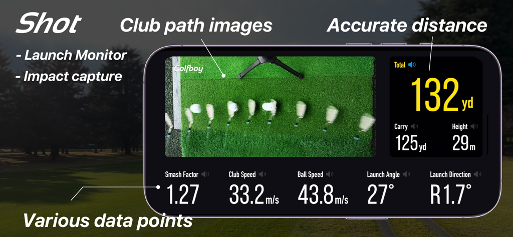 Golfboy:Launch Monitor - Interfaz del monitor de lanzamiento Golfboy que muestra análisis de trayectoria de palo y métricas de golpe como distancia y velocidad de bola.