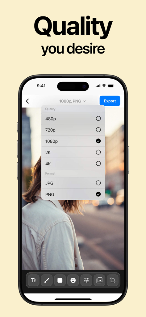 AI Background Removerㅤ - Uma interface móvel mostrando configurações de exportação de imagem, incluindo qualidade de até 4K e formato PNG