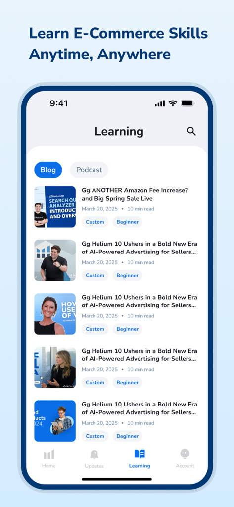 Helium 10 - Sección de aprendizaje de la aplicación Helium 10 con publicaciones de blog sobre habilidades de comercio electrónico de Amazon.