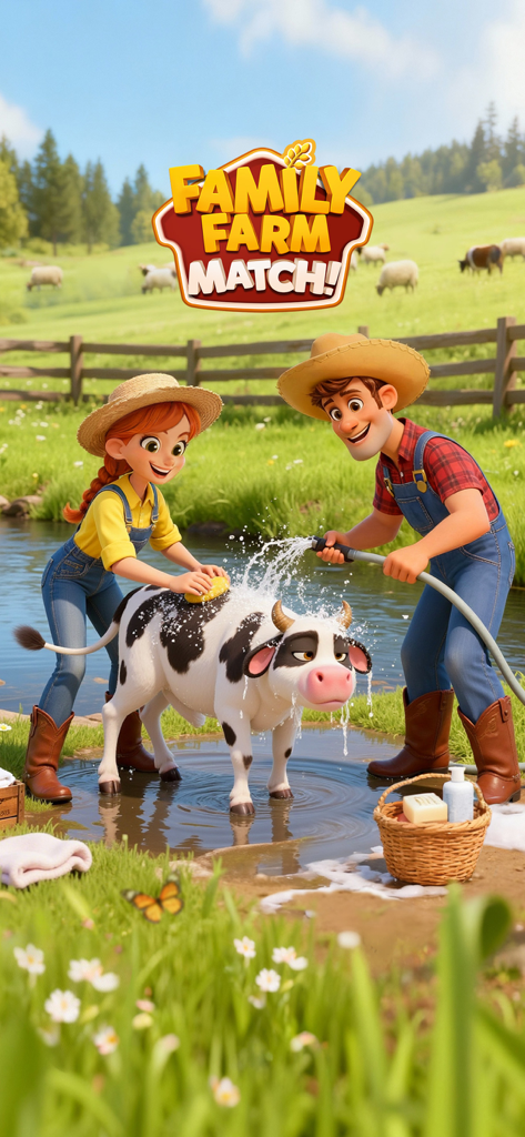 Family Farm Match - Characters Bill and Elly washing a cow on their farm under the Family Farm Match logo