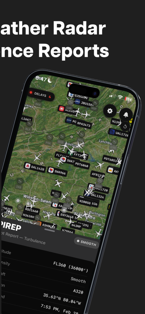 FlightDeck - Flight Tracker - FlightDeck app interface showing a live flight map with aircraft silhouettes and a detailed pilot report PIREP for turbulence.