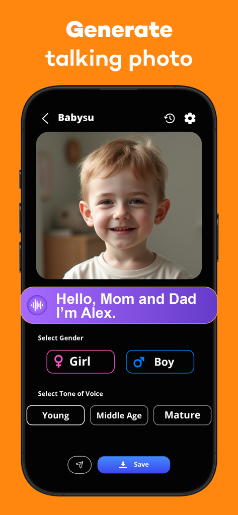 Mobile app interface showing the talking baby feature with voice tone and gender selection options