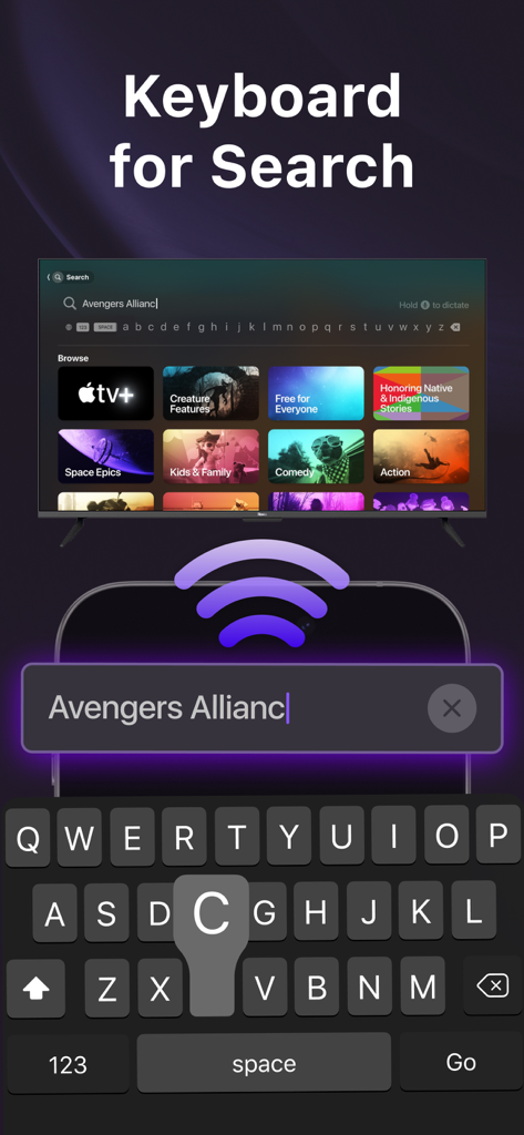 TV Remote: Roku Remote Control - Teclado de smartphone sendo usado para procurar filmes em uma tela de Smart TV.