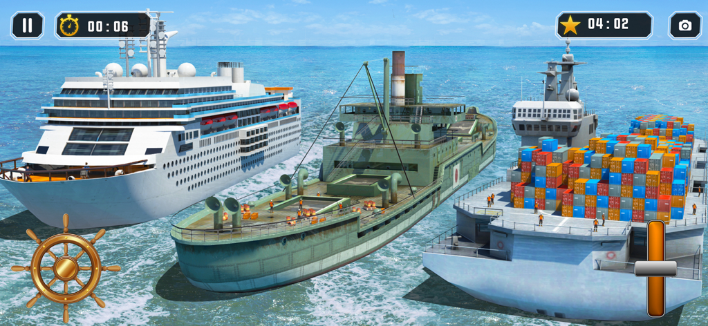 Ship Simulator Boat Games 2024 - Gameplay screen showing a large cruise ship and a cargo vessel on the open sea with digital steering and throttle controls