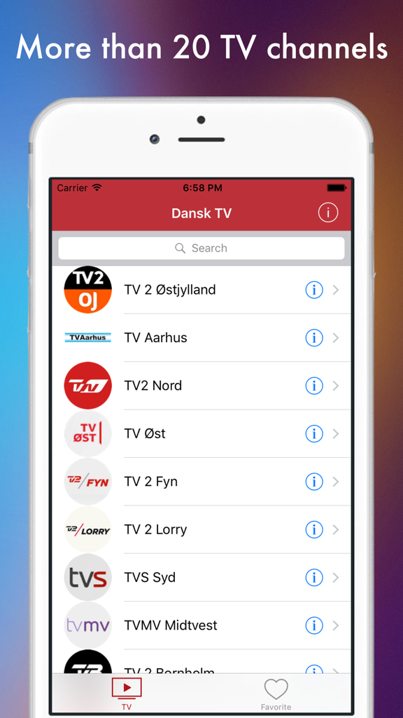 Dansk TV - Danske fjernsyn nettet - Interface of the Dansk TV app on iPhone displaying a list of more than 20 Danish television channels