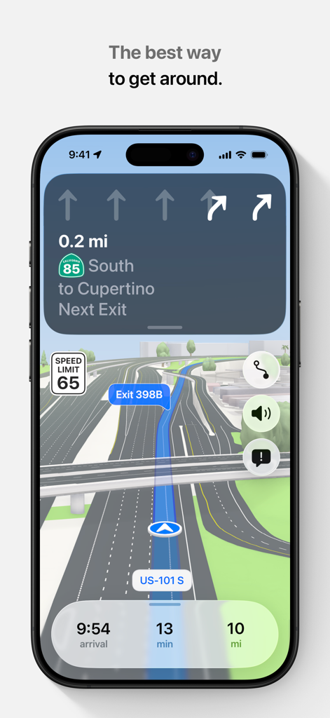 Apple Maps - Navegação do Apple Maps em direção com visualização 3D e orientação de faixa em um iPhone