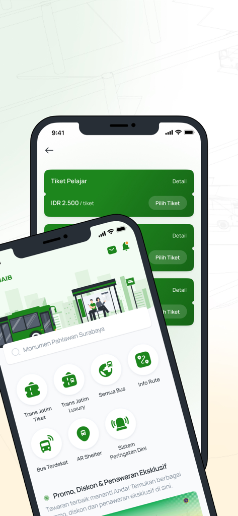 User interface of the TRANSJATIM AJAIB app showing bus routes and ticket options