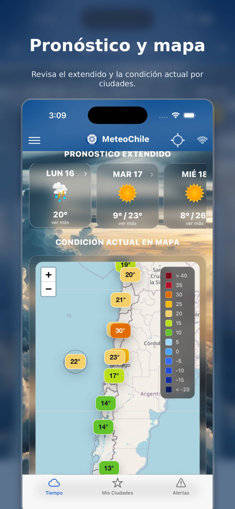 MeteoChile - 칠레의 확장된 날씨 예보 및 온도 지도를 보여주는 MeteoChile 앱 인터페이스