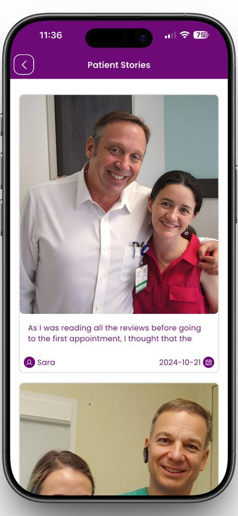 The Paley Orthopedic & Spine - Sección de historias y testimonios de pacientes en la aplicación Paley Orthopedic and Spine con fotos y reseñas.