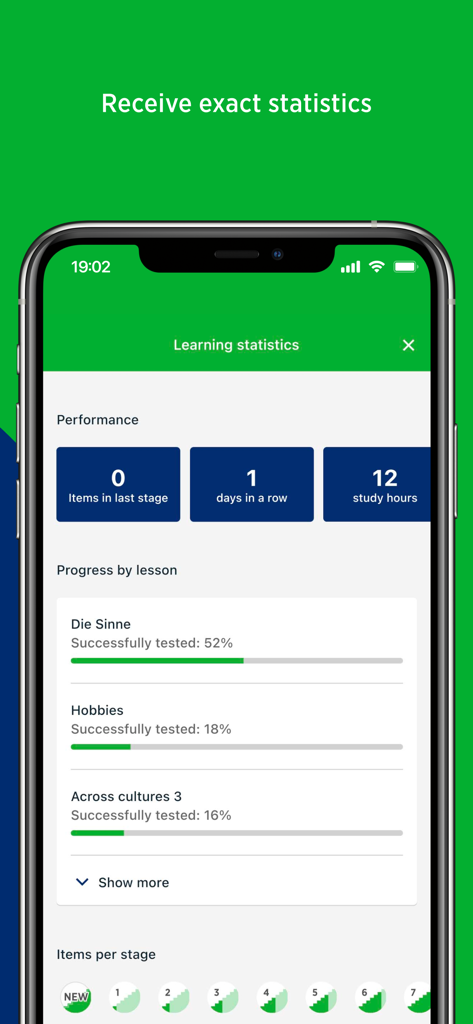 Lernstatistik-Dashboard in der PONS Vokabeltrainer-App mit Leistungsmetriken und Lektionsfortschritt.