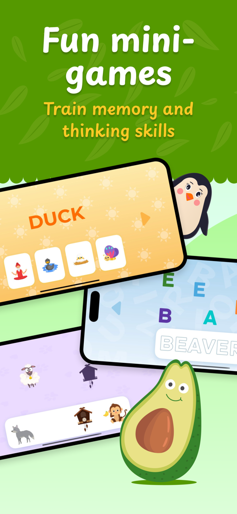 ABC. Learn Alphabet for Kids - Mobile app screenshots showing educational mini games for kids to learn words and letters