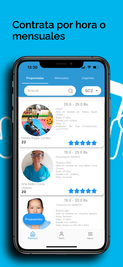 Nanny's app - Pantalla de smartphone que muestra una lista de perfiles de niñeras profesionales con calificaciones y tarifas por hora en la App Nanny