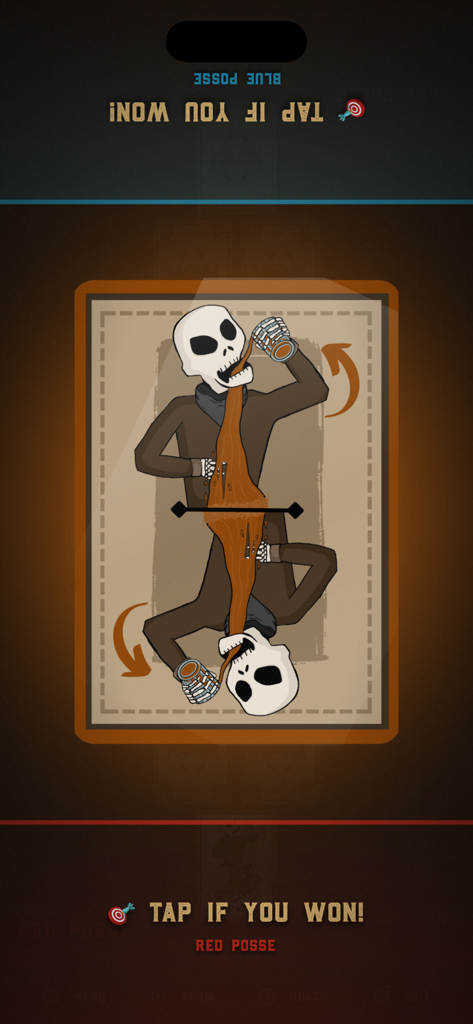 Cardy Cardy Flip Game - A drinking action card featuring a skeleton illustration in the Cardy Cardy Flip Wild West party game