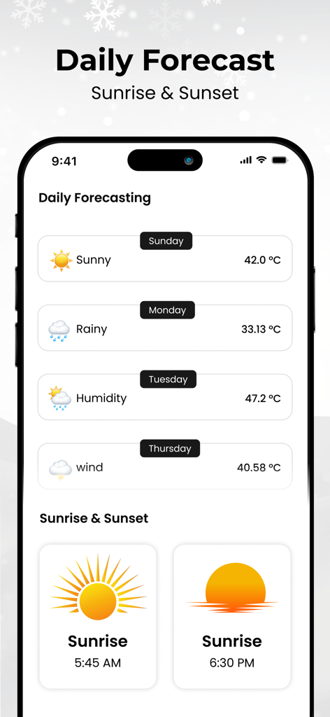 Thermometer - Indoor & Outdoor - Daily weather forecast showing temperature and sunrise and sunset timings