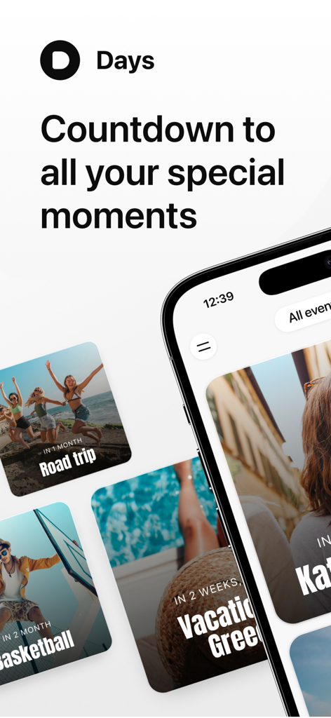 Days app interface showing colorful countdown cards for a road trip, vacation to Greece, and basketball.