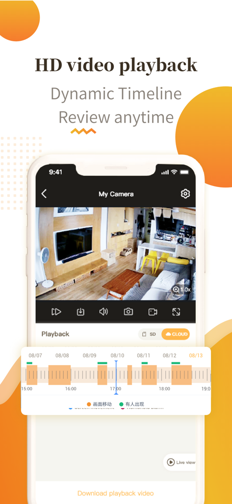 Casacop - Casacop app interface displaying HD video playback with a dynamic timeline for security monitoring