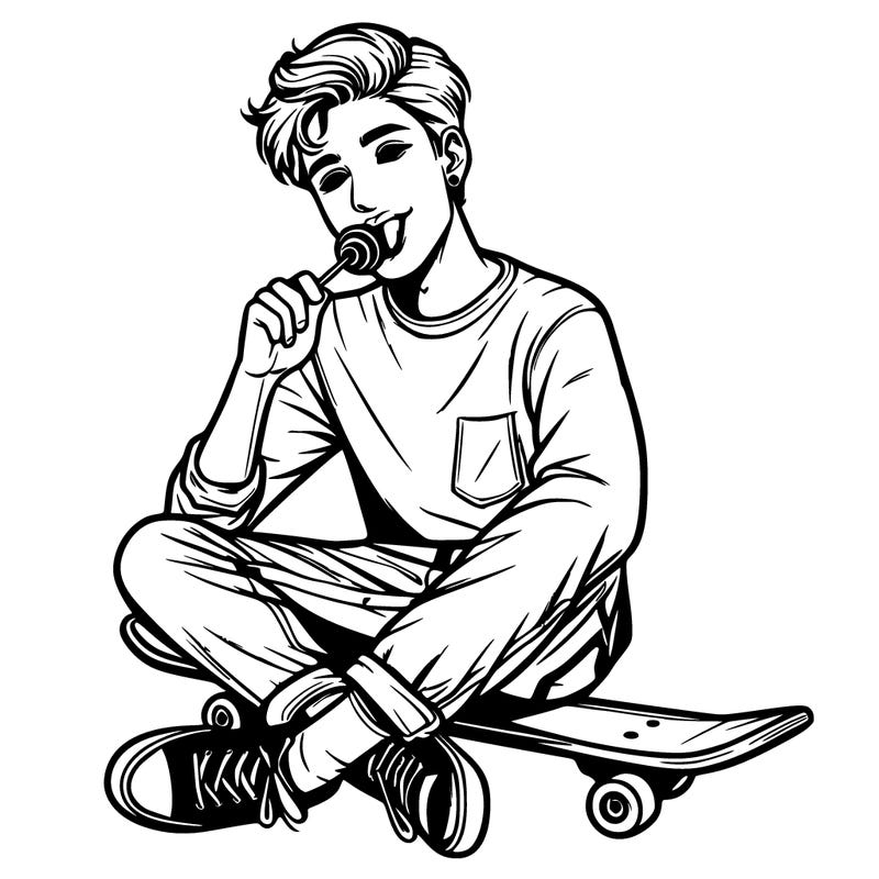 hot realistic teen on a skateboard with a lolipop in his mouth