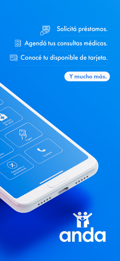 ANDA mobile App-Anzeige mit Optionen für Kredite, Arzttermine und Kreditkartenverwaltung auf Spanisch