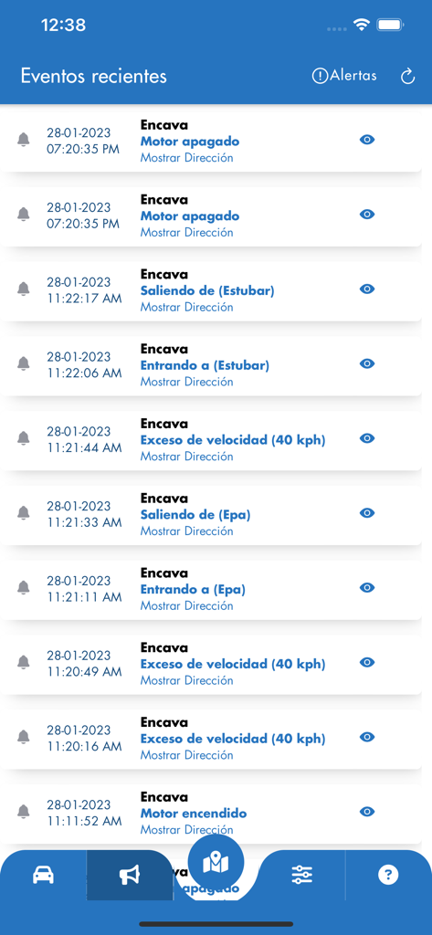 Registro de actividad reciente en la aplicación Rastreo InterGPS que muestra eventos del vehículo y alertas de velocidad.