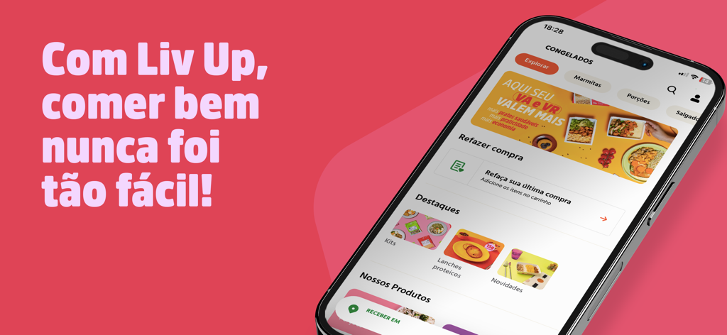 A smartphone showing the Liv Up app interface for ordering healthy frozen meals