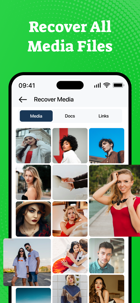 WAMR : Recover Deleted Message - Pantalla de la aplicación WAMR mostrando una cuadrícula de archivos multimedia eliminados y recuperados