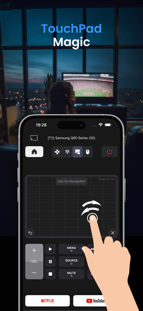 Control Samsung Smart TV - Tela do aplicativo do iPhone mostrando o recurso de touchpad para navegar em uma Samsung Smart TV.