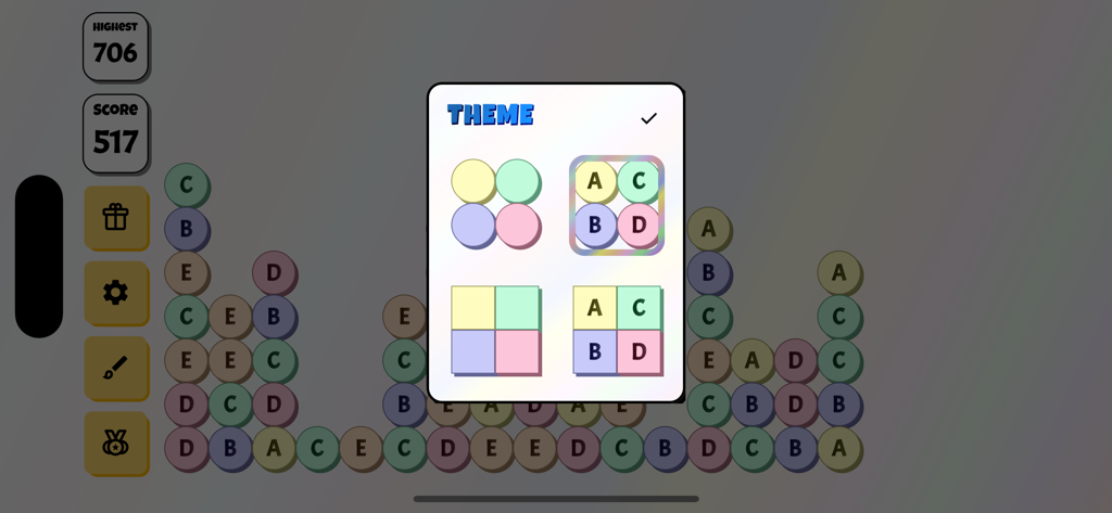 ABCDE Game - Theme selection menu in ABCDE Game with four different tile styles