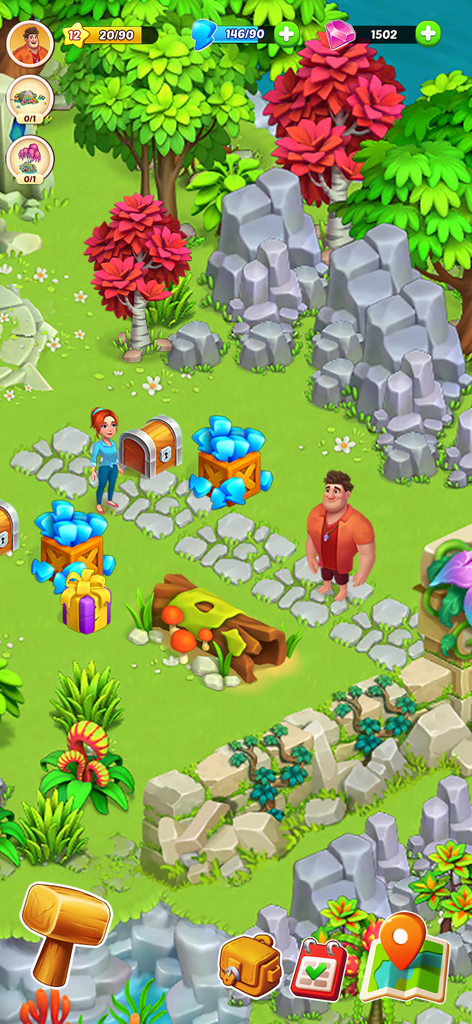 Horizon Island: Farm Adventure - Personajes de Karl y Lara explorando una exuberante isla tropical con cofres del tesoro y cristales azules