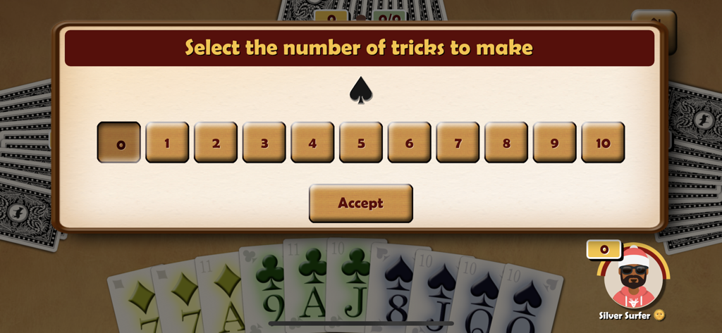 Oh Hell Online - Bidding interface in the Oh Hell Online card game where players select their predicted number of tricks.