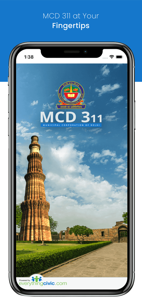 MCD 311 app splash screen showing the Qutub Minar landmark and the Delhi municipal logo