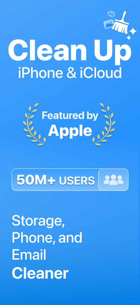 Pantalla promocional de la aplicación Cleanup que muestra la limpieza del almacenamiento del iPhone y iCloud con 50 millones de usuarios y premio de Apple.