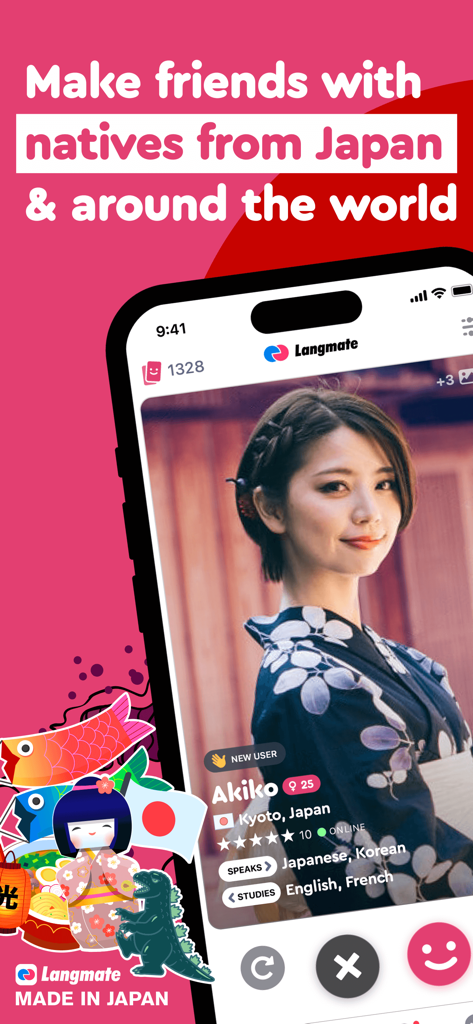 Tela do aplicativo Langmate mostrando um cartão de perfil de um usuário japonês com recursos de combinação por deslize.