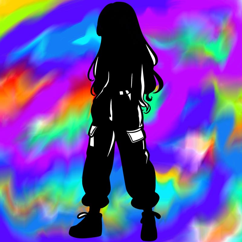 girl in baggy pants crop top and long hair