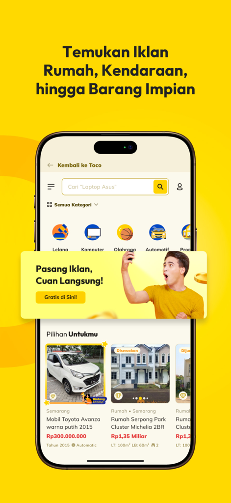 Toco - Sell and Buy - Toco mobile app home screen showing product categories and listings for cars and houses