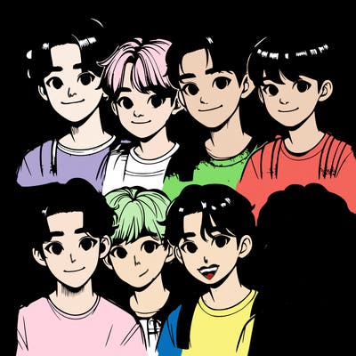 realistic group of seven asian boys