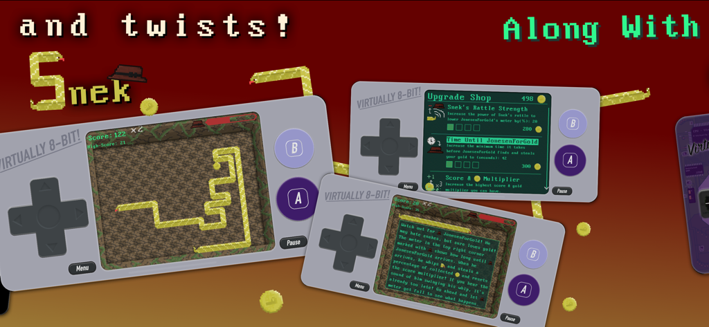 Virtually 8-bit! Game Console - Virtually 8-bit handheld console showing Snek gameplay and the upgrade shop