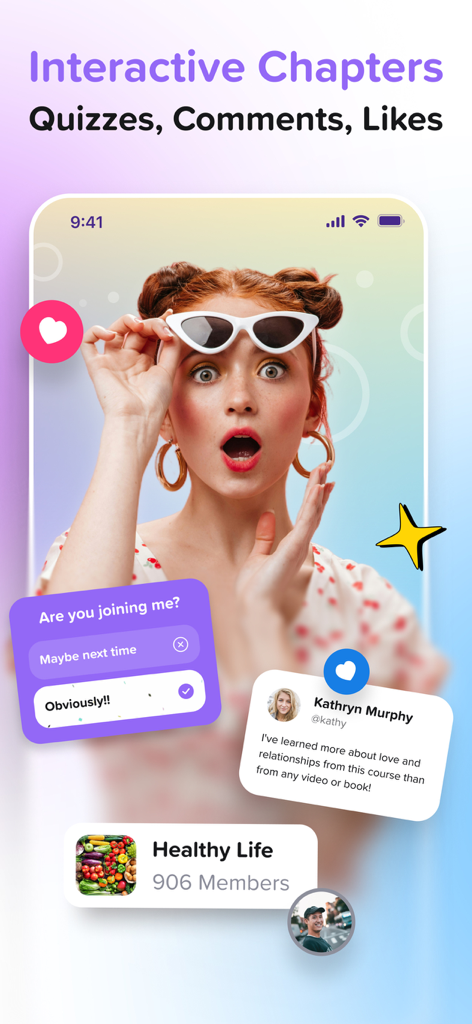 Mobile App-Oberfläche mit interaktiven Kapiteln, Umfragen und Kommentaren für Content Creator.