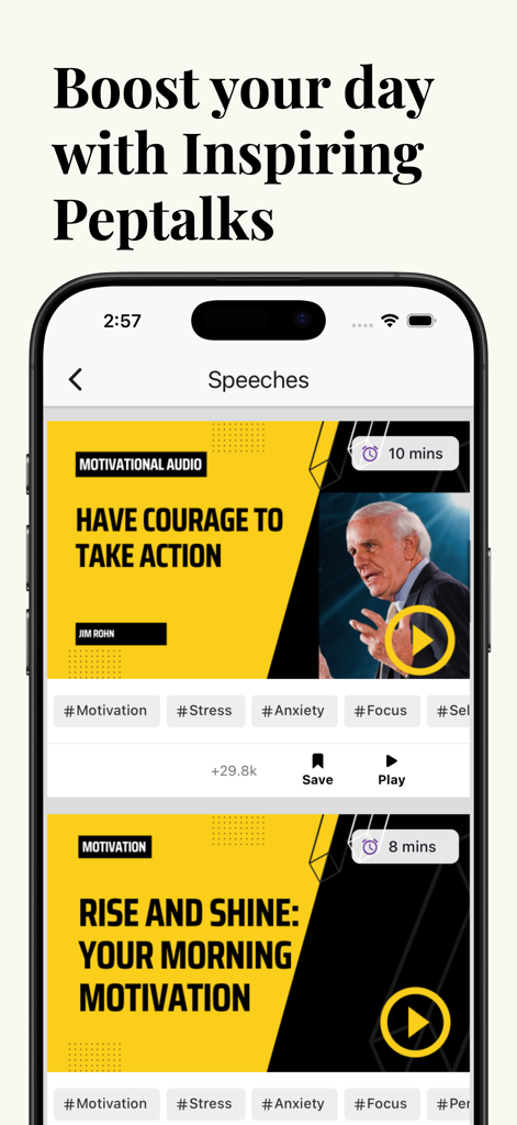 A smartphone showing the speeches section of the Motivational Quotes Daily app featuring motivational audio content and peptalks
