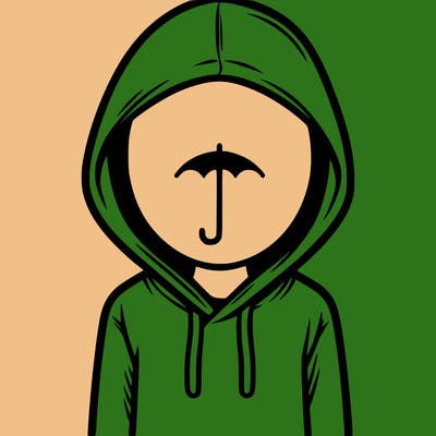 a person with non face waering a hoodie with a small umbrella symbol