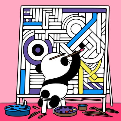 panda painting a large picasso painting while on a trailway